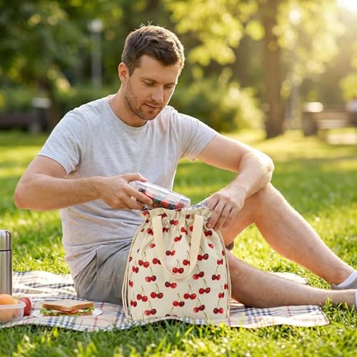 Solid Color & Fruit Print Lunch Bag, Insulated Leakproof Drawstring Pouch with 5mm Anti-Sag Base for Adult Work Commute Picnic (Cherry Fruit Print) - color: Cherry Fruit Print