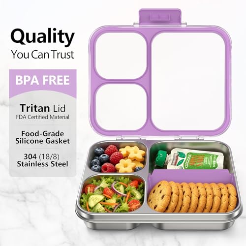 HOMEKOL Stainless Steel Bento Lunch Box 3-Compartment, 4.2Cups, Purple | Leak-Proof Metal Lunch Container for Kids & Adults, BPA-Free, Dishwasher Safe, Clear Tritan Lid, 1000ml (Not Insulated) - color: Purple, size: 34oz (1000ml)