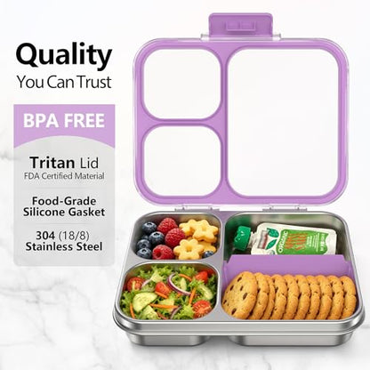 HOMEKOL Stainless Steel Bento Lunch Box 3-Compartment, 4.2Cups, Purple | Leak-Proof Metal Lunch Container for Kids & Adults, BPA-Free, Dishwasher Safe, Clear Tritan Lid, 1000ml (Not Insulated) - color: Purple, size: 34oz (1000ml)