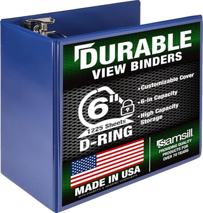Samsill Durable 6 inch 3 Ring Binder, Locking D Ring Binder, Customizable Clear View Cover, Blue, Holds 1225 Pages - color: Blue, size: 1 Pack, style: 6 Inch
