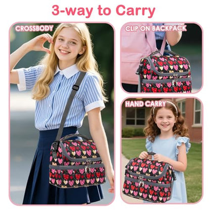 FlowFly Double Decker Cooler Insulated Lunch Bag Large Tote for Boys, Girls, Men, Women, With Adjustable Strap,Heart - color: Heart