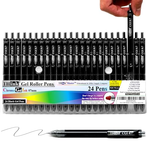[24 Pens - Black Ink] Think2 0.7mm CGI Retractable Gel Pens. (24 Black) Medium Point Rollerball Pens with Smooth Quick Drying Ink. - color: Black