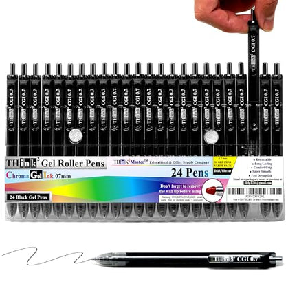 [24 Pens - Black Ink] Think2 0.7mm CGI Retractable Gel Pens. (24 Black) Medium Point Rollerball Pens with Smooth Quick Drying Ink. - color: Black