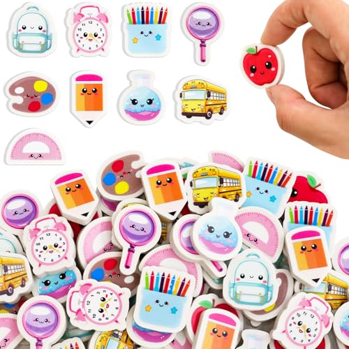 Ceiba Tree Cute School Erasers Bulk 60Pcs Mini Back to School Bus Schoolbag Alarm Pens Eraser for Student Classroom Prizes Stationery Homework Rewards Supplies Party Favors