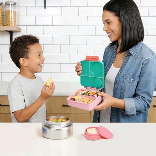 FOOYOO Bento Lunch Box Set for Kids & Adults, Leakproof 4-Compartment Container with Insulated Stainless Steel Food Jar, Utensils, BPA-Free, Microwave & Dishwasher Safe for School Work Travel（Pink） - color: Pink