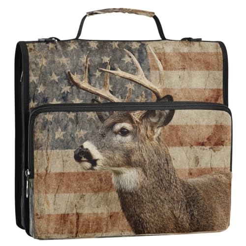Rustic Deer USA Flag 3 D-Ring 2 inch Zipper Binder Bag with Shoulder Strap, Multi-Pocket Portfolio Organizer Case for 240 Inch Laptop Middle School