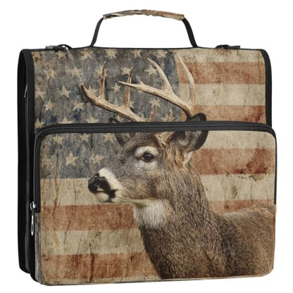 Rustic Deer USA Flag 3 D-Ring 2 inch Zipper Binder Bag with Shoulder Strap, Multi-Pocket Portfolio Organizer Case for 240 Inch Laptop Middle School