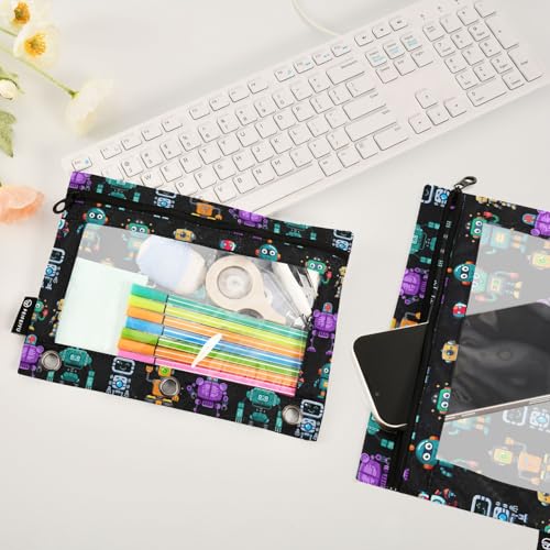 Robots Pencil Pouch for 3 Ring Binder, Binder Pencil Pouches with Clear Window Zipper Pencil Case for Office College Supplies, 2PCS (B0315) - color: B0315