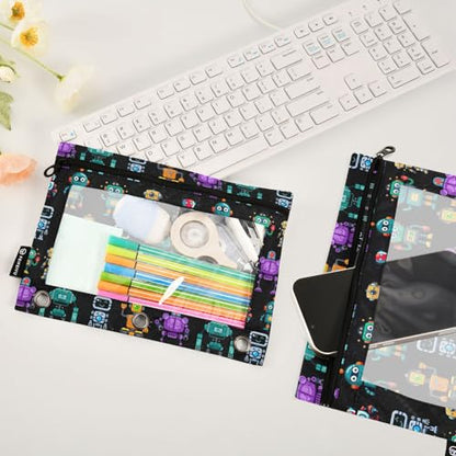 Robots Pencil Pouch for 3 Ring Binder, Binder Pencil Pouches with Clear Window Zipper Pencil Case for Office College Supplies, 2PCS (B0315) - color: B0315
