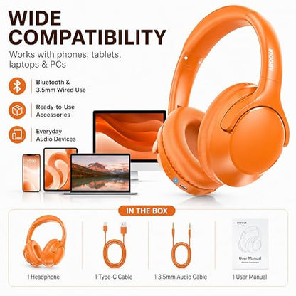 MIDOLA Bluetooth Headphones Over Ear, 68H Playtime Wireless Headphones with Microphone, 6 EQ Modes, HiFi Stereo Deep Bass, Foldable Lightweight Headset for Home Office, Cellphone, PC, Orange - color: Orange