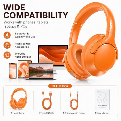 MIDOLA Bluetooth Headphones Over Ear, 68H Playtime Wireless Headphones with Microphone, 6 EQ Modes, HiFi Stereo Deep Bass, Foldable Lightweight Headset for Home Office, Cellphone, PC, Orange - color: Orange