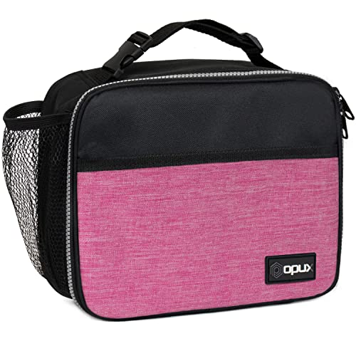 opux Insulated Lunch Bag for Kids, Reusable Lunch Box for School with Leakproof Lining, Compact Soft Cooler Tote for Boys & Girls, Front Pocket, Mesh Side Bottle Holder (Heather Pink) - color: Heather Pink