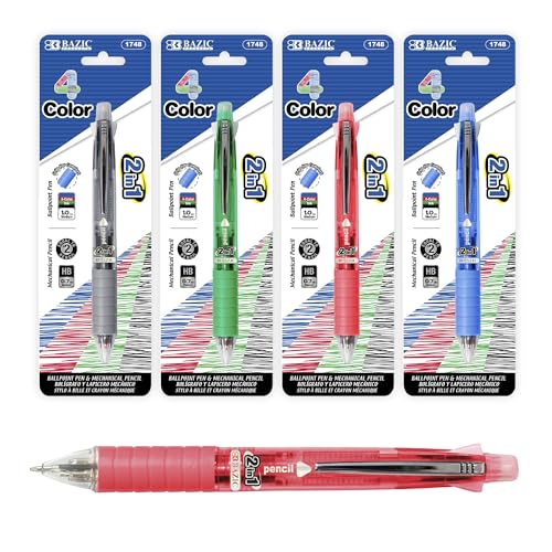 BAZIC PRODUCTS 2-in-1 Mechanical Pencil & 4-Color Pen, Bold, 4-Set | barrel: 4-color ballpoint pen plus 0.7 mm mechanical pencil, 1.0 mm bold ink, cushion grip, refillable