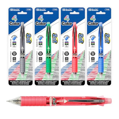 BAZIC PRODUCTS 2-in-1 Mechanical Pencil & 4-Color Pen, Bold, 4-Set | barrel: 4-color ballpoint pen plus 0.7 mm mechanical pencil, 1.0 mm bold ink, cushion grip, refillable