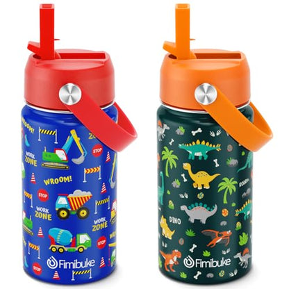 Fimibuke Kids Insulated Water Bottle, 14oz BPA FREE Double Wall Vacuum Tumbler 18/8 Stainless Steel Leak Proof Kids Cups with Straw Metal Bottles for School Boys Girls (2 Pack, Trucks/Green Dinosaur) - color: A9. Trucks+Green Dinosaur