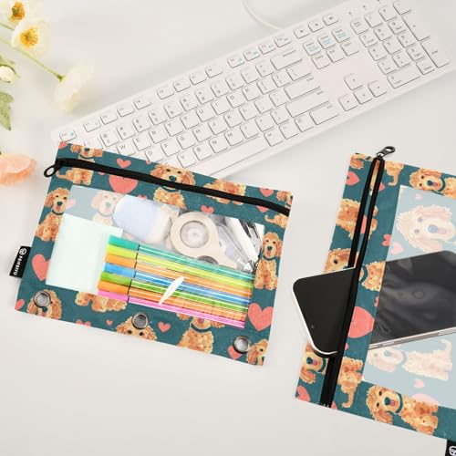 Fustylead Lovely Hand Draw Poodle Dog and Hearts Doodle Pencil Pouch Fits Standard 3-Ring Binders, Zipper Binder Pencil Bag with Clear Window for School Office Cosmetic 2 Pack - color: Blue03 Poodle Dog and Heart