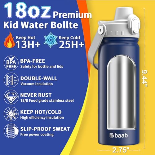 baab 18oz Kids Water Bottle, Insulated Kids Water Bottle with Lockable Spout Lid & Stickers, 18/8 Stainless Steel Vacuum Leakproof Kid Water Cup with Handle for Boy Girl & School (Grey+Navy Blue) - color: Grey+Navy Blue, size: 18 Ounces