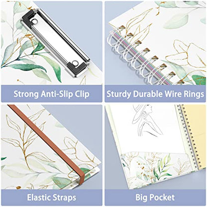 Rimilak Spiral Clipboard Folio with Refillable Lined Notepad, 14.5 x 9.8 In, Hardcover Cover with 5 Interior Pockets, Elastic Band and Pen Loop Series. Cute Stylish Clipfolio, Bohe Leaves - color: Bohe Gold Leaves