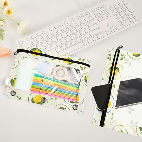 Blueangle Lemon Dots and Leaves Pencil Pouch for 3 Ring Binder, 2 Pack Clear Window Zipper Pencil Bags for Office