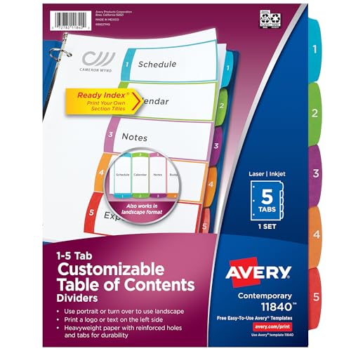 Avery Dividers for 3 Ring Binders, 5 Tabs per Set, Customizable Table of Contents, Multicolor Arched Tabs, Great for Organizing Reports, Projects, and More (11840) - size: Pack of 1