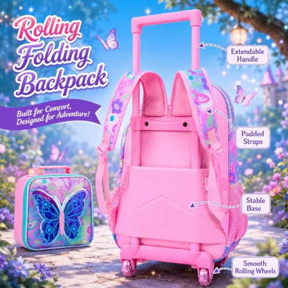 WZLVO 3PCS Roller Backpack for Girls, 18" Sparkling Butterfly Print Kids Rolling Backpack, Includes Matching Lunch Bag & Pencil Bag - Butterfly with Wings (Pink) - color: 3pcs Girls Rolling Backpack - Butterfly With Wings