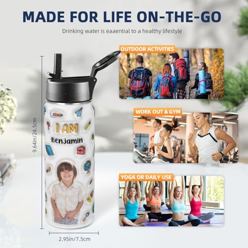 Personalized Kids Water Bottle with Photo, Custom Stainless Steel Insulated Sport Water Bottle for School, Back to School Gifts for Boy Girl, Insulated Tumbler with Straw Lid Handle, 18 OZ - color: # design 02 pic