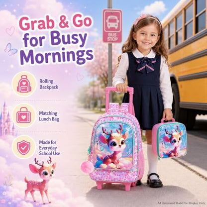 AGSDON 3PCS Kids Rolling Backpack, Girls Roller Wheels Bookbag, Wheeled Elementary School Bag with Lunch Bag - Deer - color: Baiyun Deer Roller