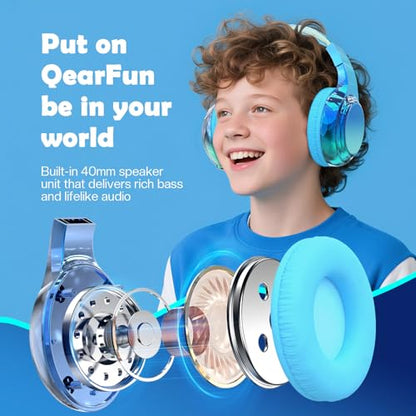 QearFun Kids Bluetooth Headphones, 60H Playtime, 74/85/94dB Safe Volume Limit, Metallic Gradient Wireless Headset with HD Mic, Fast Charging, Foldable, Wired 3.5mm Mode for School/Tablet/Travel - color: Blue