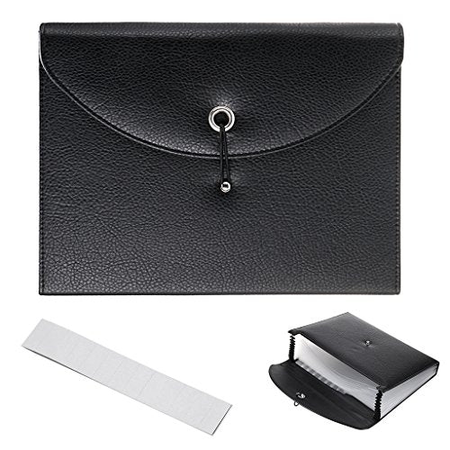 BTSKY PU Leather Expanding File Folders-13 Pockets A4 Letter Size Paper File Folder Accordion Business Document Organizer with Fasteners and Tabs (Black) - color: Black