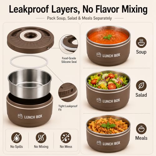 3 Pcs Insulated Lunch Box Set (47oz Total), Stackable Stainless Steel Thermal Food Container with Bag, Portable Bento Box for Hot Food, Leakproof Design with Knife, Fork & Spoon