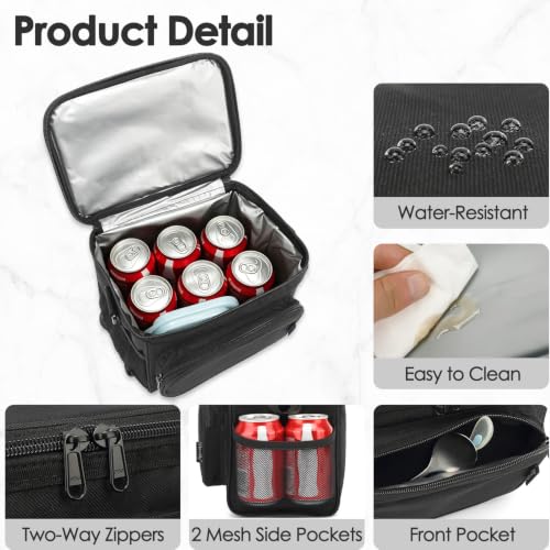 FlowFly Insulated Reusable Lunch Bag Adult Large Lunch Box for Women and Men with Adjustable Shoulder Strap,Front Zipper Pocket and Dual Large Mesh Side Pockets, Black - color: Black