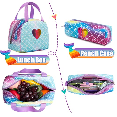 Mermaid Rolling Backpack for Girls Kids Wheels Backpacks for Elementary Student Wheeled Trolley Trip Luggage for Teen Girls with Lunch Box Pencil Case - color: 01 Mermaid