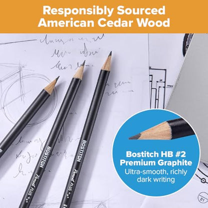 Bostitch, Wood-Cased Pencil Plus, Retractable Eraser, American Cedar Wood, #2 HB, Round, Matte Black, Pre-sharpened, Twenty Pack - size: Twenty Pack