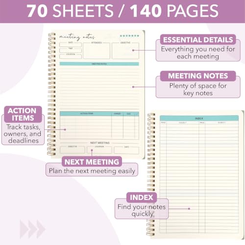Mr. Pen- Meeting Notebook for Work, 6.9"x9.9", 140 Pages, Green | Spiral-Bound, Undated Work Notebook with Action Items & Meeting Notes, Office Supplies - color: Green