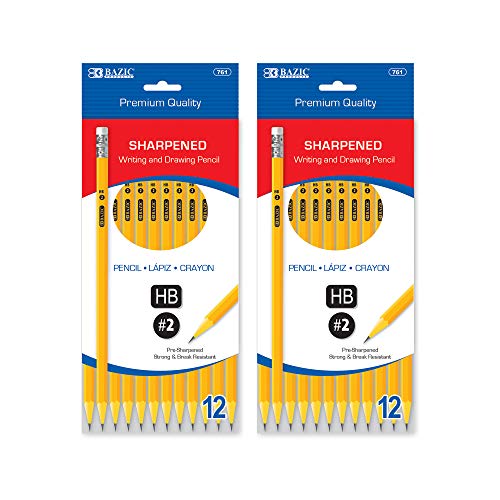 BAZIC PRODUCTS Pre-Sharpened #2 Yellow Pencils, 12 Count, 2-Pack | HB graphite, pre-sharpened wood barrel, classroom, tests, homework, standardized exams, daily writing - size: 1 Count (Pack of 2)