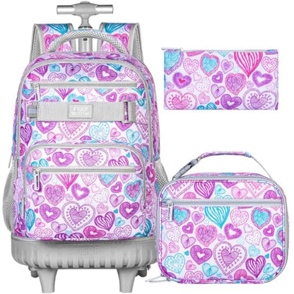 3Pcs Rolling Backpack for Girls Women, Travel Roller Backpacks with Wheels for Adults, Teens College Love Wheeled Bookbag with Lunch Box(Ash Powder) - color: Love Grey
