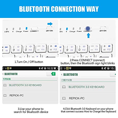 Portable Bluetooth Keyboard with Leather Case Cover with for 4.5''-6.8'' iOS, Android and Windows Smart Phones, Detachable with Kickstand - color: Blue