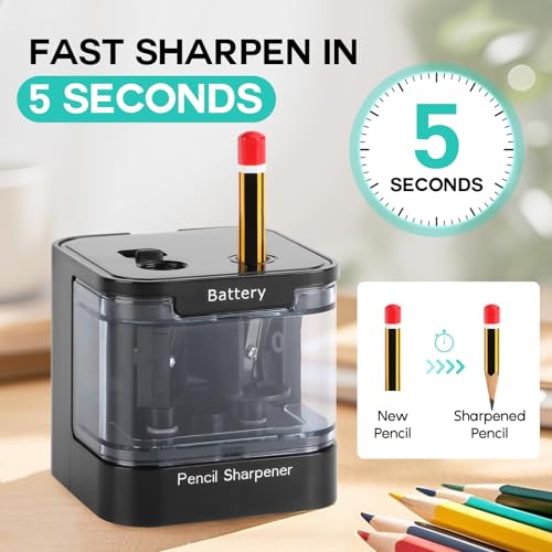 Eagle Electric Pencil Sharpener, Dual Holes, Battery Powered for School/Office/Art, 5s Fast Sharpening, Portable w/Large Shaving Tray & Replaceable Blades, for 6-12 mm Pencils (Black) - color: Black