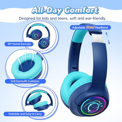 Kids Bluetooth Headphones, 85H Playtime Wireless Headphones for Kids, Colorful LED Lights, 85/94dB Safe Volume Limit, Bluetooth 5.4 Built-in Mic Toddler Headset for Tablet/Airplane (Navy Blue) - color: Navy Blue