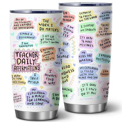 20oz Teacher Daily Positive Insulated Stainless Steel Tumbler with Lid | Double Wall Insulated Mug, Inspirational Design, Gift for Teachers from Students, Fits Appreciation Birthday Christmas - color: 1 Count (Pack of 1)-Teacher Daily Affirmation