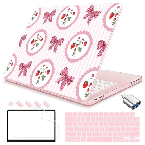 Teryeefi 5-in-1 Case for MacBook Neo 13 inch 2026 Release Model A3404, Laptop Hard Shell Cases with Keyboard Skin & Screen Protector & Type C Adapter, Strawberry Bow - color: Strawberry Bow