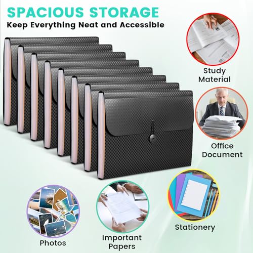VZZNN 8 Pack Accordion File Organizer Bulk, 13 Pocket Plastic Expanding File Folder with Tabs, Letter/A4 Size Document Organizer Folder for School, Office, Home, and Travel, Carpetas para Documentos