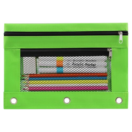 3 Ring Pencil Pouch for Binder, 2-Pocket Zipper Pencil Case with Clear Window & Mesh Pocket, 600D Oxford Fabric Binder Pouch for School Office Supplies, Fits Standard 3-Ring Binders, Green - color: Green
