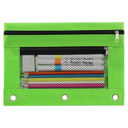 3 Ring Pencil Pouch for Binder, 2-Pocket Zipper Pencil Case with Clear Window & Mesh Pocket, 600D Oxford Fabric Binder Pouch for School Office Supplies, Fits Standard 3-Ring Binders, Green - color: Green