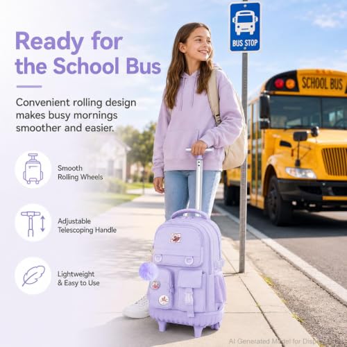 CCJPX Rolling Backpack for Girls Women, 21 inch Roller Wheels School Bookbag, Wheeled Suitcase Backpacks with Lunch Bag for Teen - Purple - color: Purple