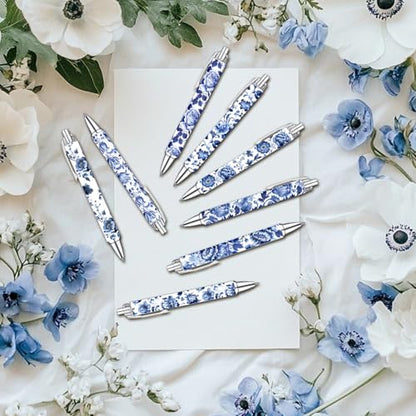 Blue and White Porcelain Pens Set – Elegant Ceramic-Inspired Writing Pens with Smooth Black Ink – Classic Gift for Students, Teachers, Office Use, Party Favors, Holidays, and Everyday Writing, 8 Pack - style: Blue and White Porcelain