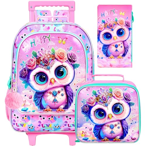 3Pcs Rolling Backpack for Girls, Owl Kids School Backpacks with Wheels, Roller Bookbag with Lunch Box for Elementary Preschool(Pink) - color: Owl Pink
