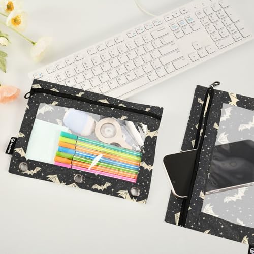 Binder Pencil Pouches, Bats and Stars Pencil Case with Clear Window 3 Rings Pen Case Holder School Office Supplies Cosmetic Makeup Bag - color: Bats and Stars