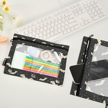 Binder Pencil Pouches, Bats and Stars Pencil Case with Clear Window 3 Rings Pen Case Holder School Office Supplies Cosmetic Makeup Bag - color: Bats and Stars