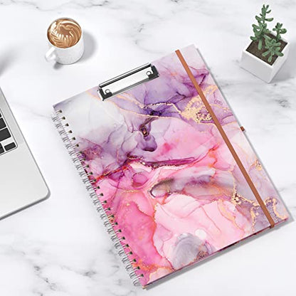 Rimilak Spiral Clipboard Folio with Refillable Lined Notepad, 14.5 x 9.8 in, Hardcover Cover with 5 Interior Pockets, Elastic Band and Pen Loop Series. Cute Stylish Clipfolio, Pink Gold Marble - color: Pink Flow Marble